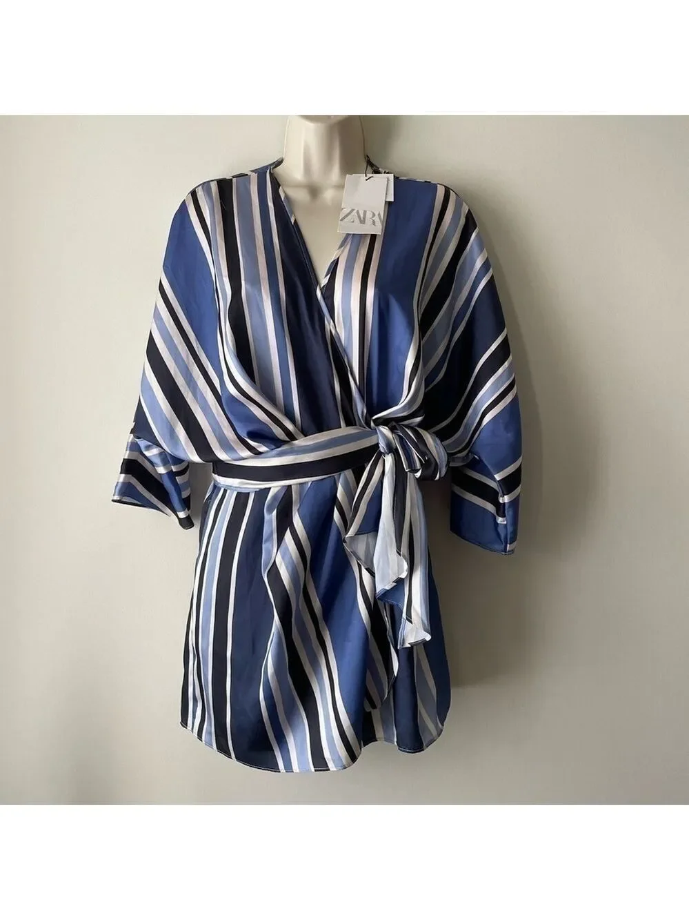 Zara Satin Striped Skort Romper Blue White Wrap V Neck NWT Size Small - Picture 5 of 16